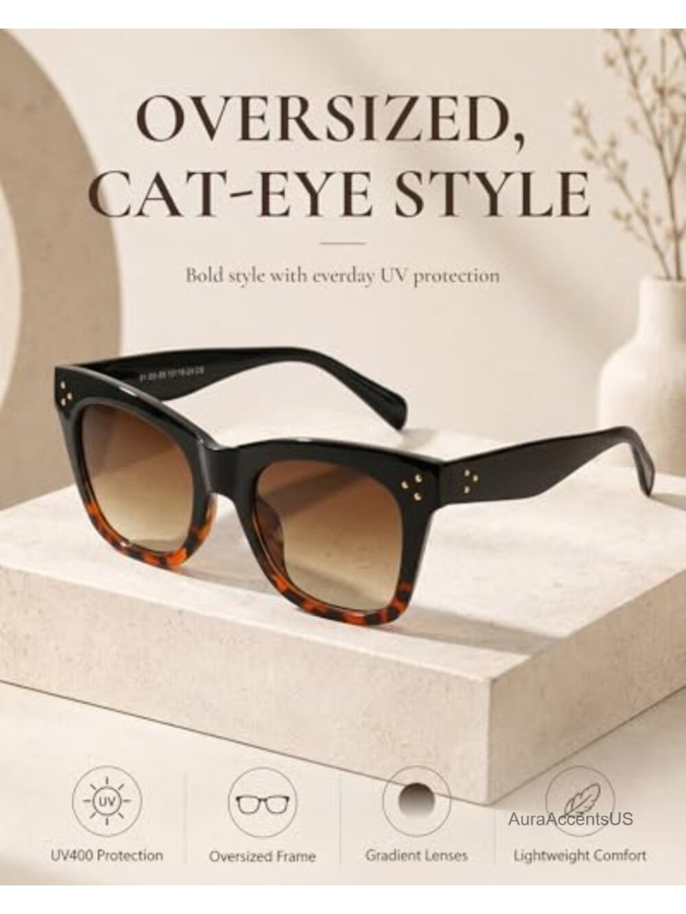 Oversized Cat Eye Sunglasses Rivet Thick Frame UV400 Gradient Lens Summer - Picture 5 of 6